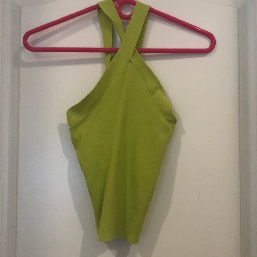 Lime green sweater cross cross neck crop top